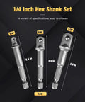 Impact Grade Socket Adapter Set Three Piece With Bit Holder One Quarter Inch Three Eighths Inch One Half Inch SAE Hex Shank Cr V Heat Treated