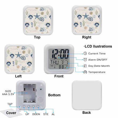 Straight Up Silent Nautical Starfish Led Digital Alarm Clock Featuring Warm Nightlight And Room Temp Sensor Dead Quiet Square Desk Watch with LCD display showing time and temperature.