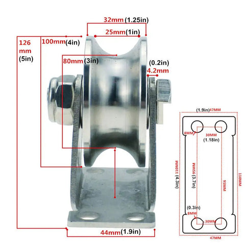 Top Shelf Heavy Duty Track Wheel Featuring Double Ball Rollers Built Tough From 304 Stainless Steel Directional Sheave Pulley dimensions with measurements.