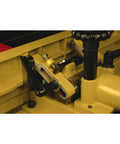 Close-up of Workhorse 16 Inch Parallelogram Jointer With Helical Head showing precision adjustment mechanisms and cast iron components.