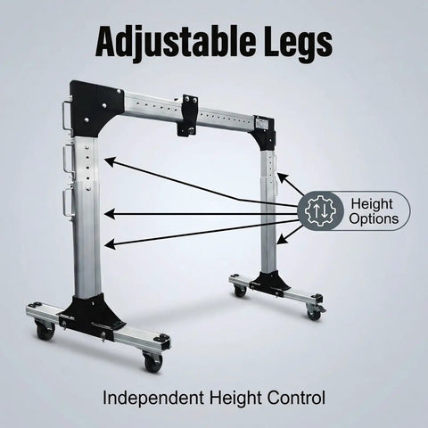 Premium Aluminum Gantry Crane Rated For 2000 Pounds with adjustable legs for height options and a smooth rolling base.