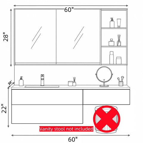 Top view dimensions of Modern Wall Floating Bathroom Vanity With Integrated Makeup Station And Deep Drawers Delivers A Slick Vibe And Hassle Free Storage For Any Tight Space.