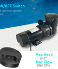 Real Deal Above Ground Pool Pump with 1.5 HP 115 Volt Motor Cranking Out 4920 GPH Flow Featuring On and Off Switch plus Six Point Six Foot Cord shown from side with specs on base.