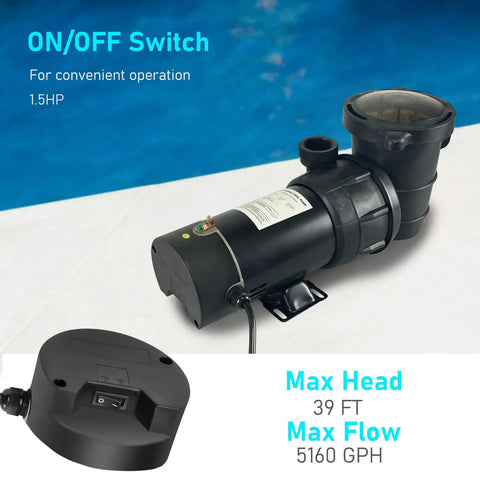 Real Deal Above Ground Pool Pump with 1.5 HP 115 Volt Motor Cranking Out 4920 GPH Flow Featuring On and Off Switch plus Six Point Six Foot Cord shown from side with specs on base.