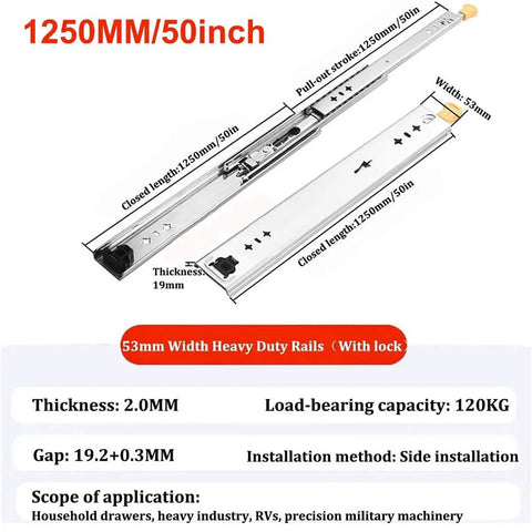 Beefed Up Heavy Duty Full Extension Drawer Slides Set for Cabinets and RVs, 53mm wide side mount, 1250mm length, ball bearing rails