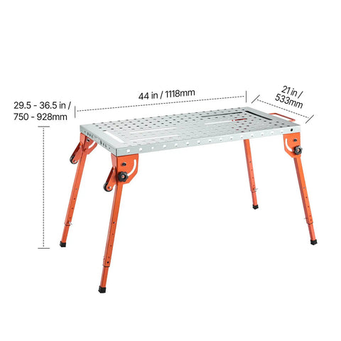Solid Gear Foldable Welding Table 44 X 21 Inch Carbon Steel Workbench with adjustable height legs and stable design