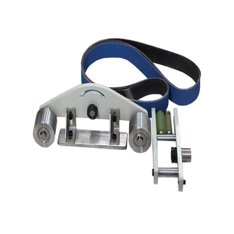 Heavy Duty 72X2 Inch Industrial Belt Sander Machine With Variable Speed For Knife Sharpening Rust Removal And Metal Polish with blue belt and rollers.