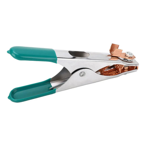 Super Heavy Duty 300A Welding Ground Clamp With Premium Copper Build for Rock Hard Grip And High Current Stability In Submerged Units Plus Extra Strong Conductor For Any Serious Job Worth Doing, featuring a copper jaw and plastic grips.