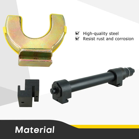 Interchangeable Fork Strut MacPherson Spring Compressor Kit components, including yoke and compression rod, made of high-quality steel.
