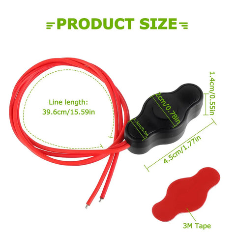 12V Waterproof Push Button Switch With Quick Connector shown with dimensions and red wiring, includes dust cover and 3M tape