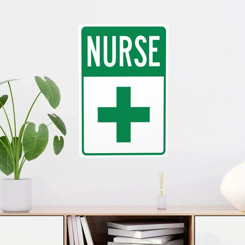 First Aid Station Nurse Symbol Safety Warning Sign 8x12 Aluminum Plaque displayed on wall above shelf