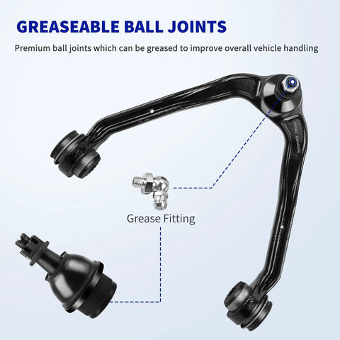 13 Piece AWD Front Suspension Kit for 1999 2006 Chevy Silverado GMC Sierra 1500 Includes Front Upper And Lower Control Arms With Ball Joints Sway Bar Links Outer And Inner Tie Rods Pitman Arm Idler Arm And Pivot Built For Tough Truck Rides. Greaseable ball joint and grease fitting shown