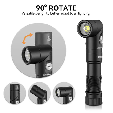 1400 Lumen Right Angle EDC Flashlight Headlamp showing 90-degree adjustable head