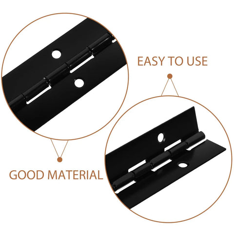 Close-up of Heavy Duty Iron Piano Hinges Set for doors and cabinets, black 6 inch continuous metal hinge with labels "Easy to Use" and "Good Material"
