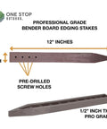 10 Pack Heavy Duty Brown Landscape Lawn And Garden Border Edging Stakes With Pre Drilled Screw Holes For Easy Install On Terrace And Bender Board Contractor Grade Yard Edging Stakes shown with measurements and features