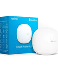 All In One Smart Home Hub That Connects Z Wave Zigbee And Matter Devices Works As A SmartThings Hub And Plays Nice With Alexa And Google Assistant Keeping WiFi Strong For Fast Automations And Voice Control next to blue box packaging