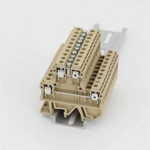 Top Tier Din Rail Wire Jumpers Solid Fit For Dk4q35 And Dk4qv35 Terminal Blocks showcasing beige solid connector and mounting rail.