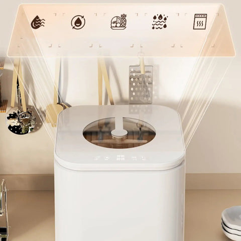 Compact Automatic Countertop Dishwasher With Smart Quick Dry And Sleek Led Touchscreen, showing control panel and dish prep area.
