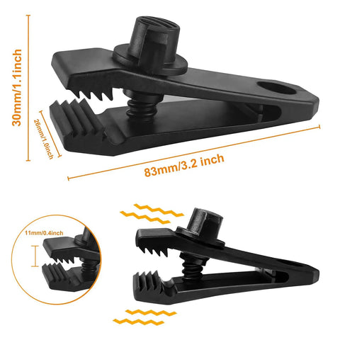 Close-up of black heavy duty tarp clips with locking screws and crocodile teeth, showing dimensions as 83mm by 30mm.