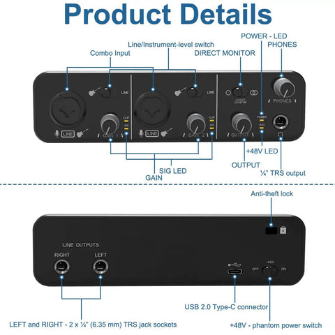 Diagram showing front and rear panels of 2x2 USB Audio Interface With 48V Phantom Power And 24-Bit 96kHz Recording For Microphones And Instruments.