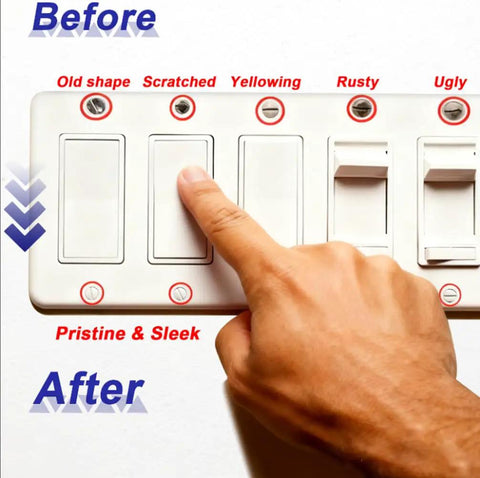 Image showing hand pointing at light switches labeled before and after with improvements using White Wall Plate Screws Kit 120 Pcs For Outlet Covers And Switch Plates 6-32 Screws For Lights And Panels Includes Four Sizes Three Eighths Inch One Half Inch Three Quarter Inch One Inch Plus Free Screwdriver.