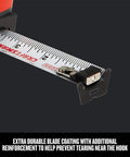 Close-up of ProReach 25 Foot Magnetic Tape Measure With 14 Foot Reach For Solo Projects, showing durable blade and magnetic hook