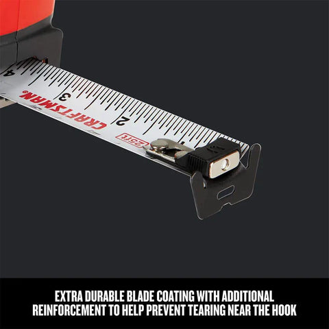 Close-up of ProReach 25 Foot Magnetic Tape Measure With 14 Foot Reach For Solo Projects, showing durable blade and magnetic hook
