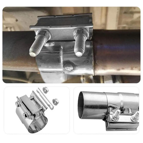 Stainless Steel Lap Joint Band Clamp 2.25 Inch Exhaust Clamp Set For Universal Pipe Repair And Car Accessories, installed close-up