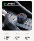 90W Triple Port Car Charger With USB C And A Fast Charge Adapter PD QC in car console, charging devices with three ports.