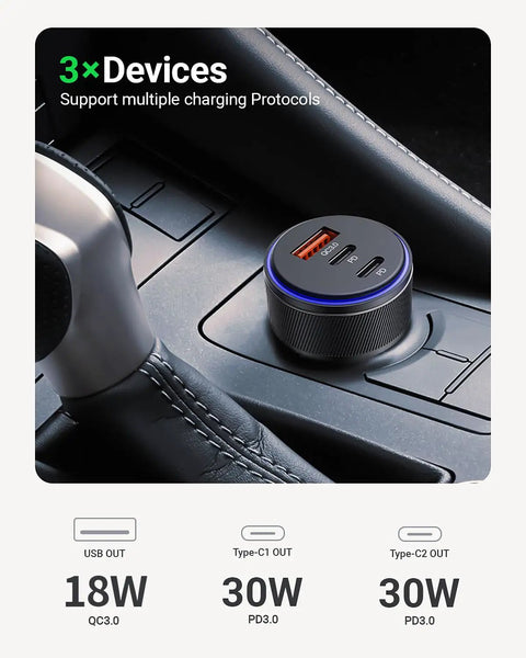 90W Triple Port Car Charger With USB C And A Fast Charge Adapter PD QC in car console, charging devices with three ports.