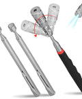 Three Piece Magnetic Pickup Tool Set with 360 Degree Swivel and Telescoping Reach, 8 Pound Magnet, LED Light, tools shown extended