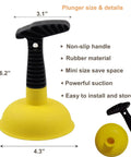 Compact Mini Sink Drain Plunger With Short Handle And Heavy Duty Rubber Cup showing dimensions and ergonomic design for effective suction.