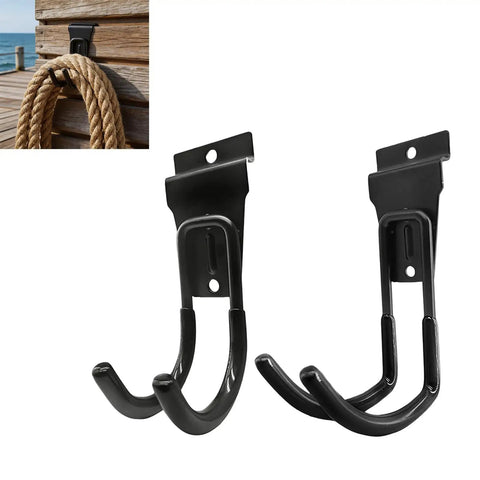 Heavy Duty Steel J Hooks For Hanging Garden Hose And Tools Easy Install Garage Storage For Shed And Workshop Wall Space Saving Organizer For Tools And Gear, black steel hooks with mounted rope