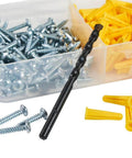 Conical anchor kit with yellow drywall anchors, 100 anchors and 100 #2 Phillips screws, plus a 1/4 in masonry drill bit.