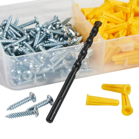 Conical anchor kit with yellow drywall anchors, 100 anchors and 100 #2 Phillips screws, plus a 1/4 in masonry drill bit.
