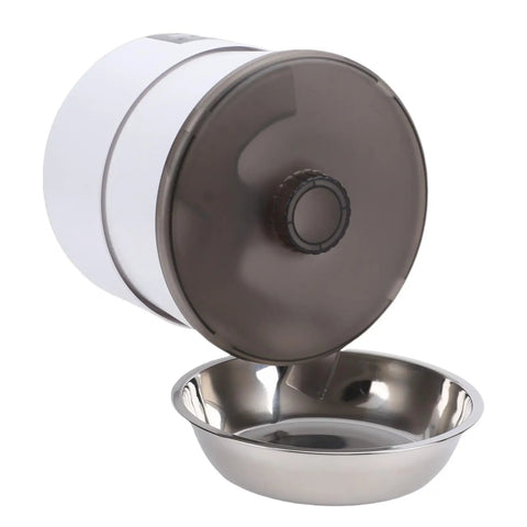 Wall Mounted Automatic Cat Feeder With WiFi Remote And 4 Liter Bin, showing white plastic bin and metal food bowl.
