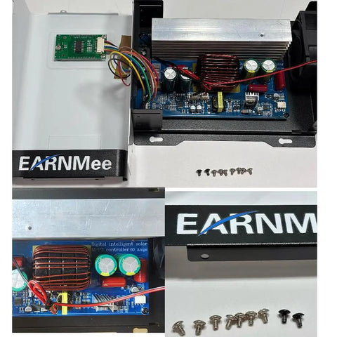 Open circuit board view of 60A MPPT Solar Charge Controller with 18-150VDC input, adjustable 12V/24V/48V output, and components.