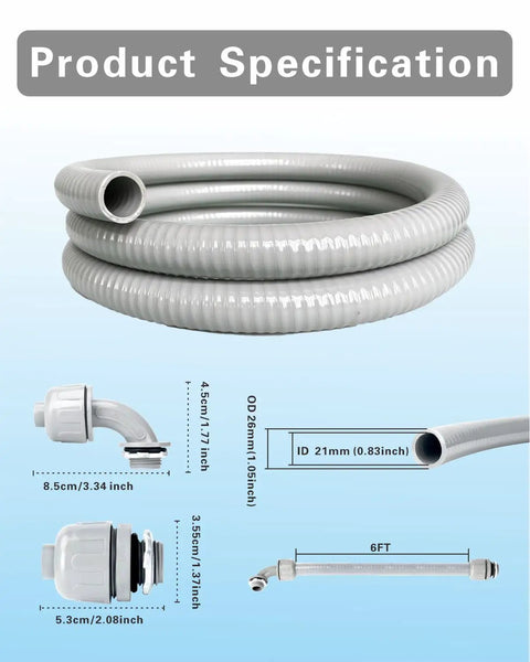 Hustle Ready 3/4 Inch Liquid Tight Flexible Electrical Conduit Kit With 6 Foot Nonmetallic Pvc Conduit shown with specifications.