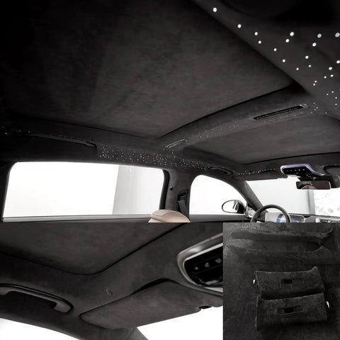 Installed black suede auto headliner fabric with foam backing, 120in × 60in for car/truck/SUV roof.