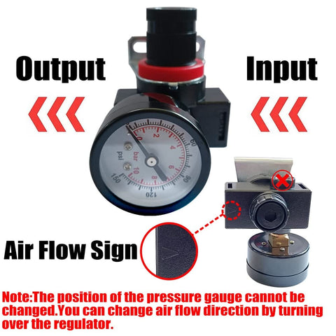Three Eighth Inch NPT Air Pressure Regulator With Gauge 0 To 145 PSI For Compressor, High Flow 106 SCFM, showing input and output