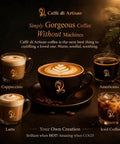 Assorted Caffè di Artisan coffee drinks including cappuccino, americano, latte, and iced coffee with decorative logo on cups
