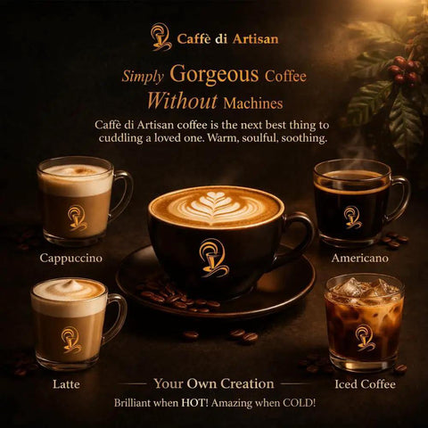Assorted Caffè di Artisan coffee drinks including cappuccino, americano, latte, and iced coffee with decorative logo on cups