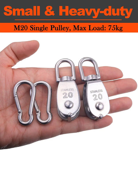 5 Pack M20 Stainless Steel Single Pulley Block Set 304 Grade Lifting Swivel Pulleys With 360 Degree Rotation For Hoisting Heavy Duty Wire Rope System Built To Last Rust Resistant Durable Crane Pulley, two pulleys in hand