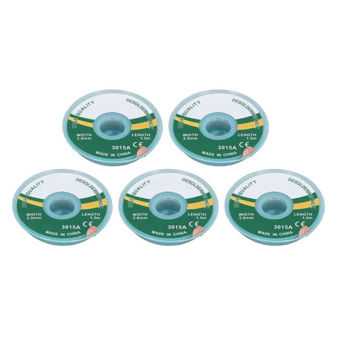 Pro Grade Desoldering Wick Kit, Five 1.5M Long Solder Wicks, 3.0Mm Wide, displayed in green and white reels