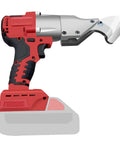 Side view of a cordless metal shear for heavy duty cutting of leather stainless steel iron PVC carpet cardboard and steel sheets with a 360 degree pivoting head battery not included portable and easy to handle.