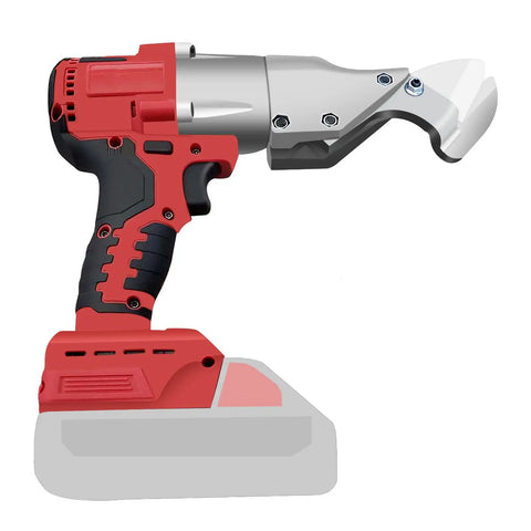 Side view of a cordless metal shear for heavy duty cutting of leather stainless steel iron PVC carpet cardboard and steel sheets with a 360 degree pivoting head battery not included portable and easy to handle.