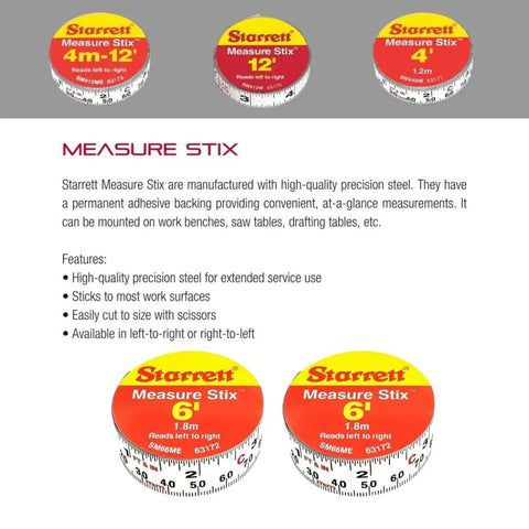 Tape Measure Stix With Easy To Attach Adhesive Backing Mounts On Work Bench Saw Table Or Drafting Table For Quick At A Glance Measurements Three Quarter Inch By Two Meters Six Feet English Metric With Left And Right Reading image showing various sizes and packaging.
