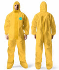 Rugged Chemical Resistant Coveralls With Integrated Boots And Hood For Straight Up Reliable Full Body Safety Engineered Durable Sealed Polyethylene Coated Suit Size S worn by a model from front and back.