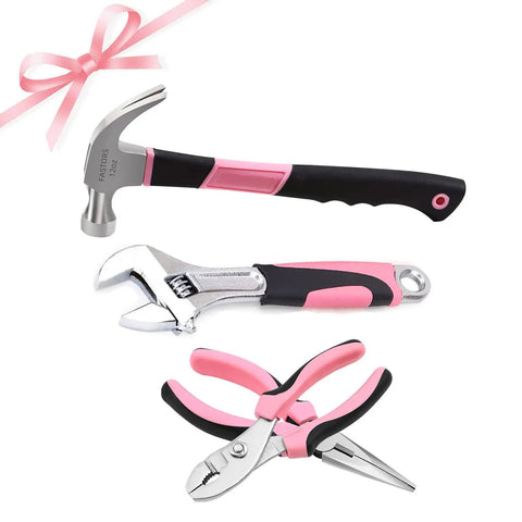 Pink Tool Set 218-Piece Home Improvement Kit For Women with hammer, adjustable wrench, pliers against a white background.