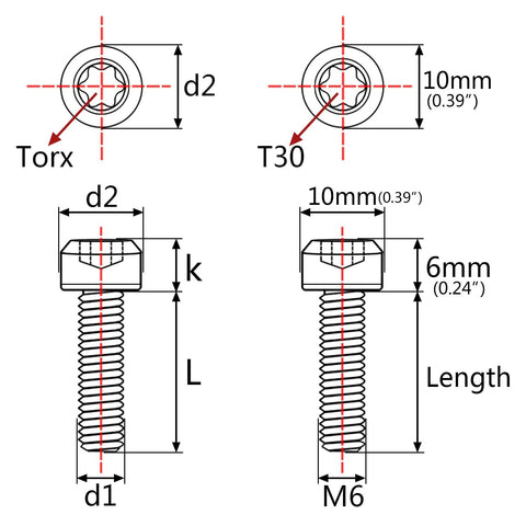M6 Torx square-head screw; technical diagram showing front and side views, head diameter and overall length; pack of 5